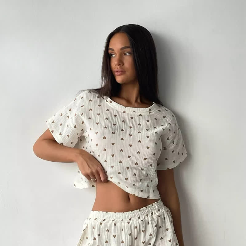 Apricot Heart Print Cotton Loungewear Set
