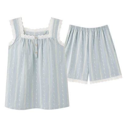 Light Blue Cotton Lace Sleeveless Sleep Dress