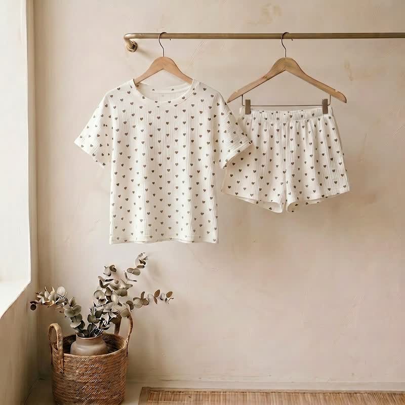 Apricot Heart Print Cotton Loungewear Set
