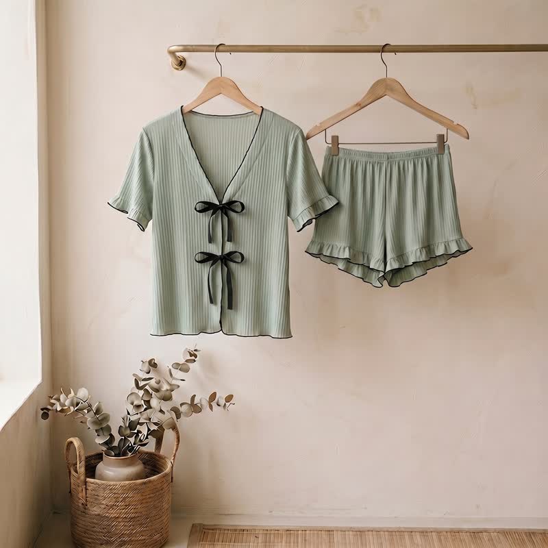 Pink Bow Detail Ruffle Hem Loungewear Set