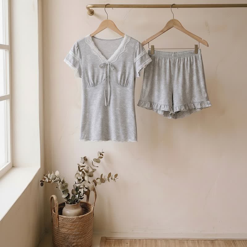 Mist Gray Lace Bow Loungewear Set