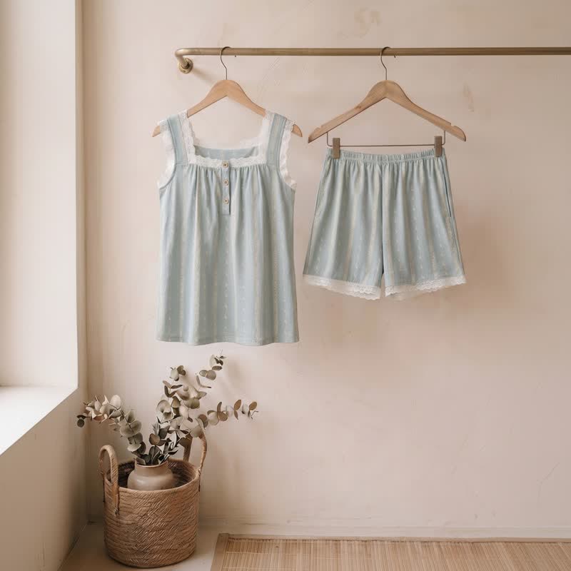 Light Blue Cotton Lace Sleeveless Sleep Dress