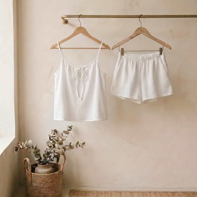 White Cotton Gauze Bow Lounge Set