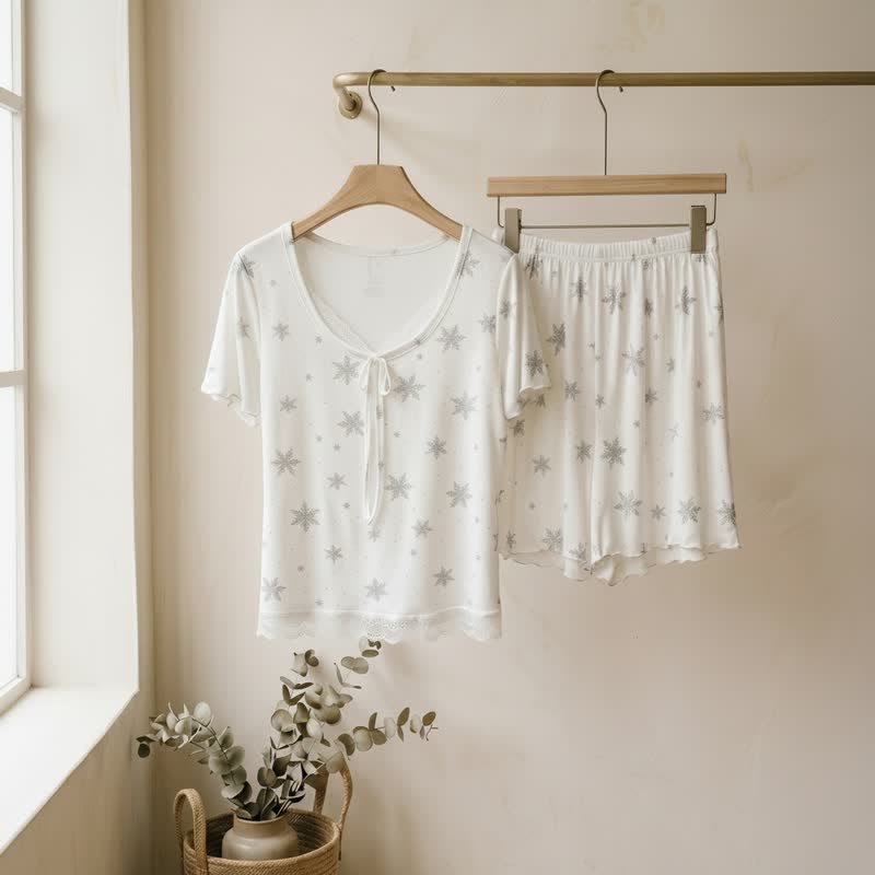 Ivory Stripe Lace Trim Loungewear Set
