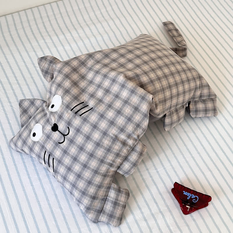 Plaid Cat Face Buckwheat Filled Pillow