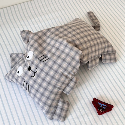 Plaid Cat Face Buckwheat Filled Pillow