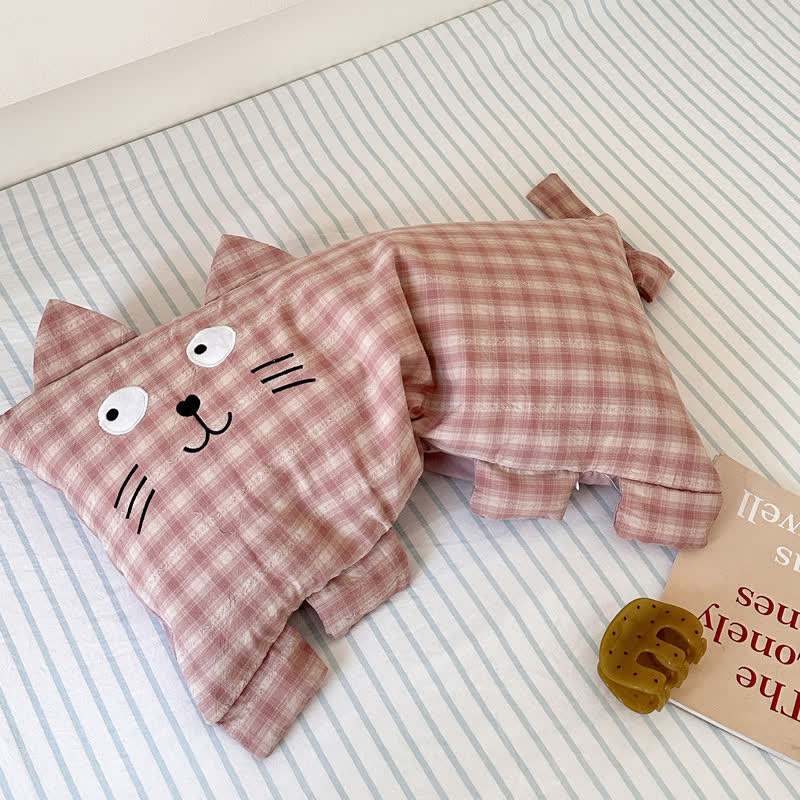 Plaid Cat Face Buckwheat Filled Pillow