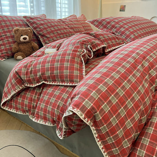 Vintage Red Plaid Cotton Bedding Set