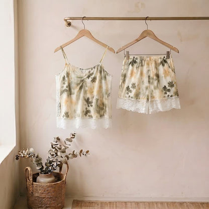 Beige Floral Lace Cami Lounge Set