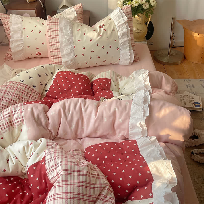 Sweet Cherry Ruffle Cotton Gauze Bedding Set