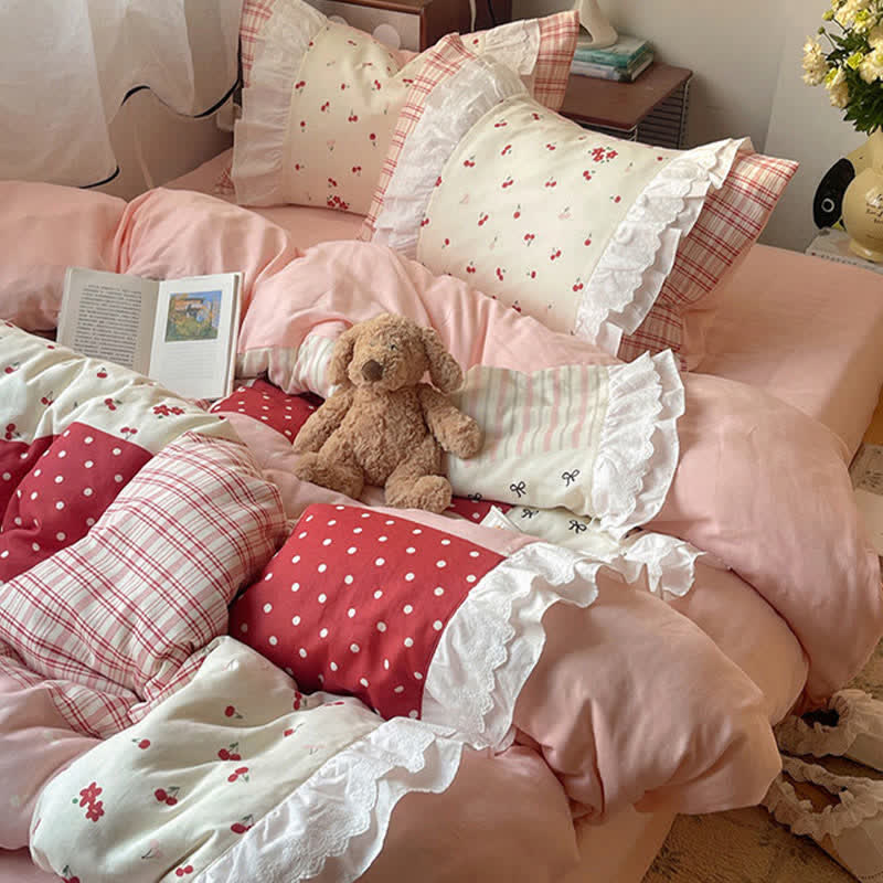Sweet Cherry Ruffle Cotton Gauze Bedding Set