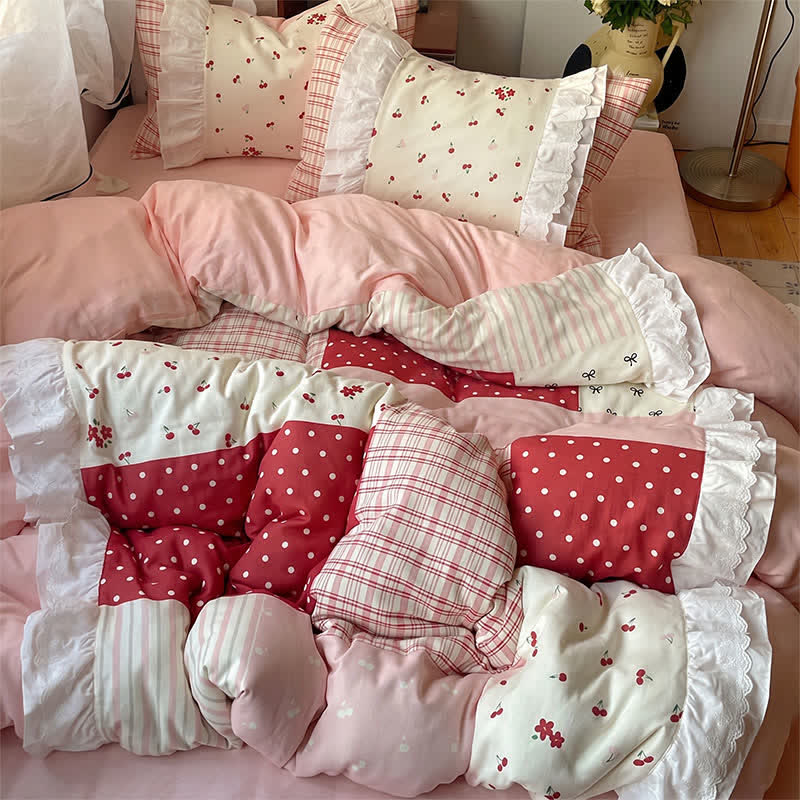 Sweet Cherry Ruffle Cotton Gauze Bedding Set