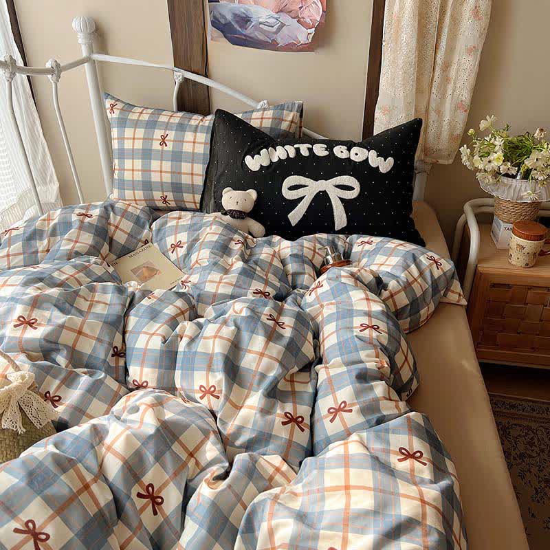 Soft Washed Cotton Bow Plaid Bedding Set