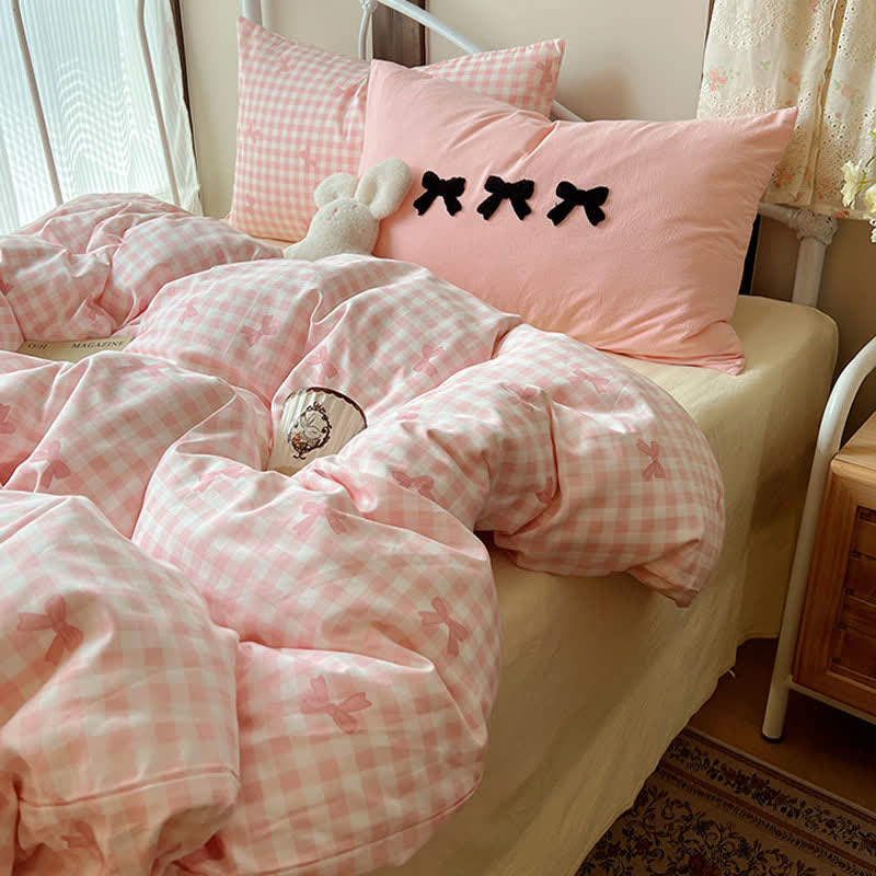 Soft Washed Cotton Bow Plaid Bedding Set