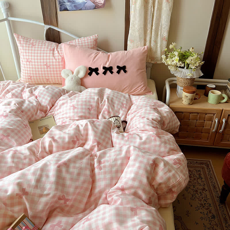 Soft Washed Cotton Bow Plaid Bedding Set