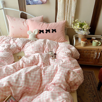Soft Washed Cotton Bow Plaid Bedding Set
