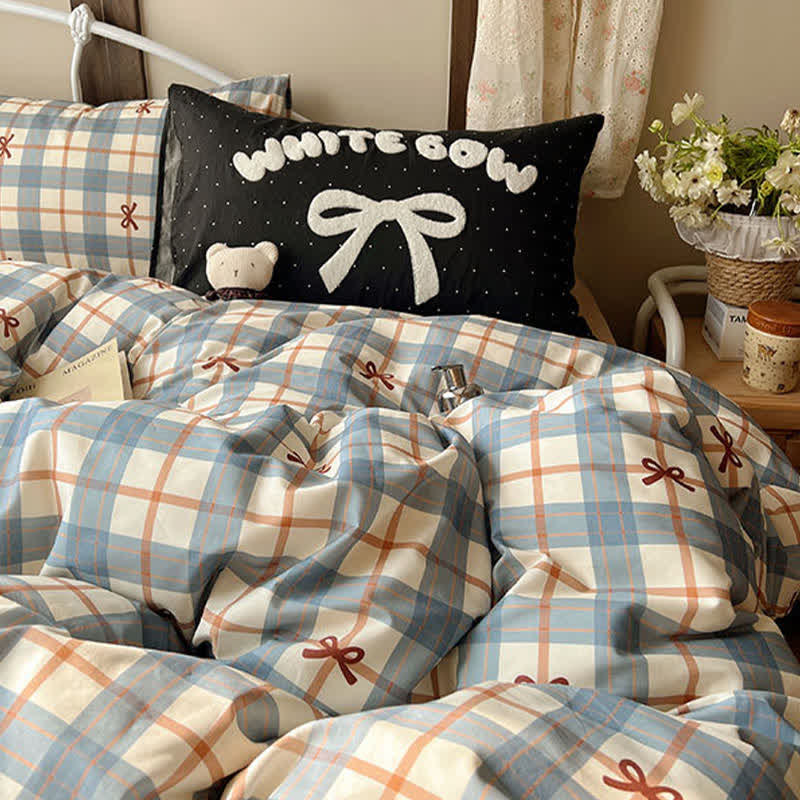 Soft Washed Cotton Bow Plaid Bedding Set