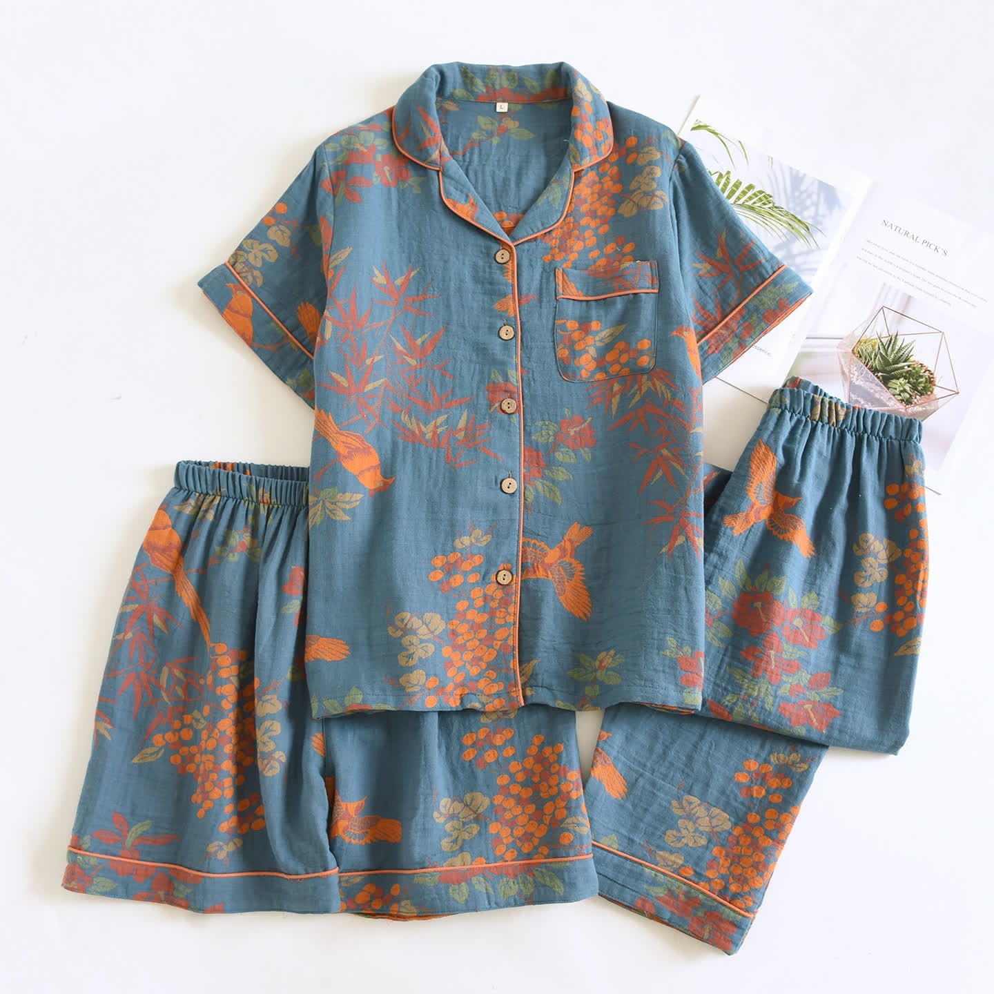 Vintage Bird Floral Cotton Loungewear Set