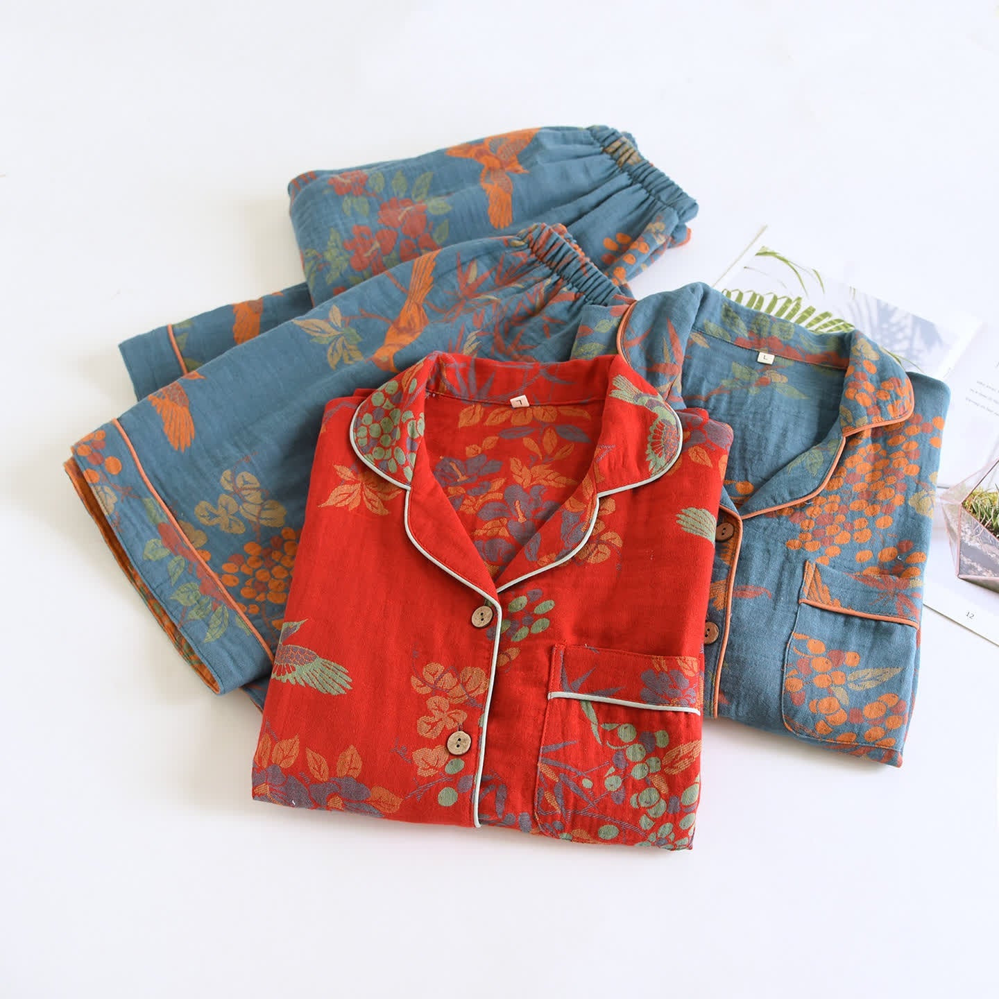 Vintage Bird Floral Cotton Loungewear Set
