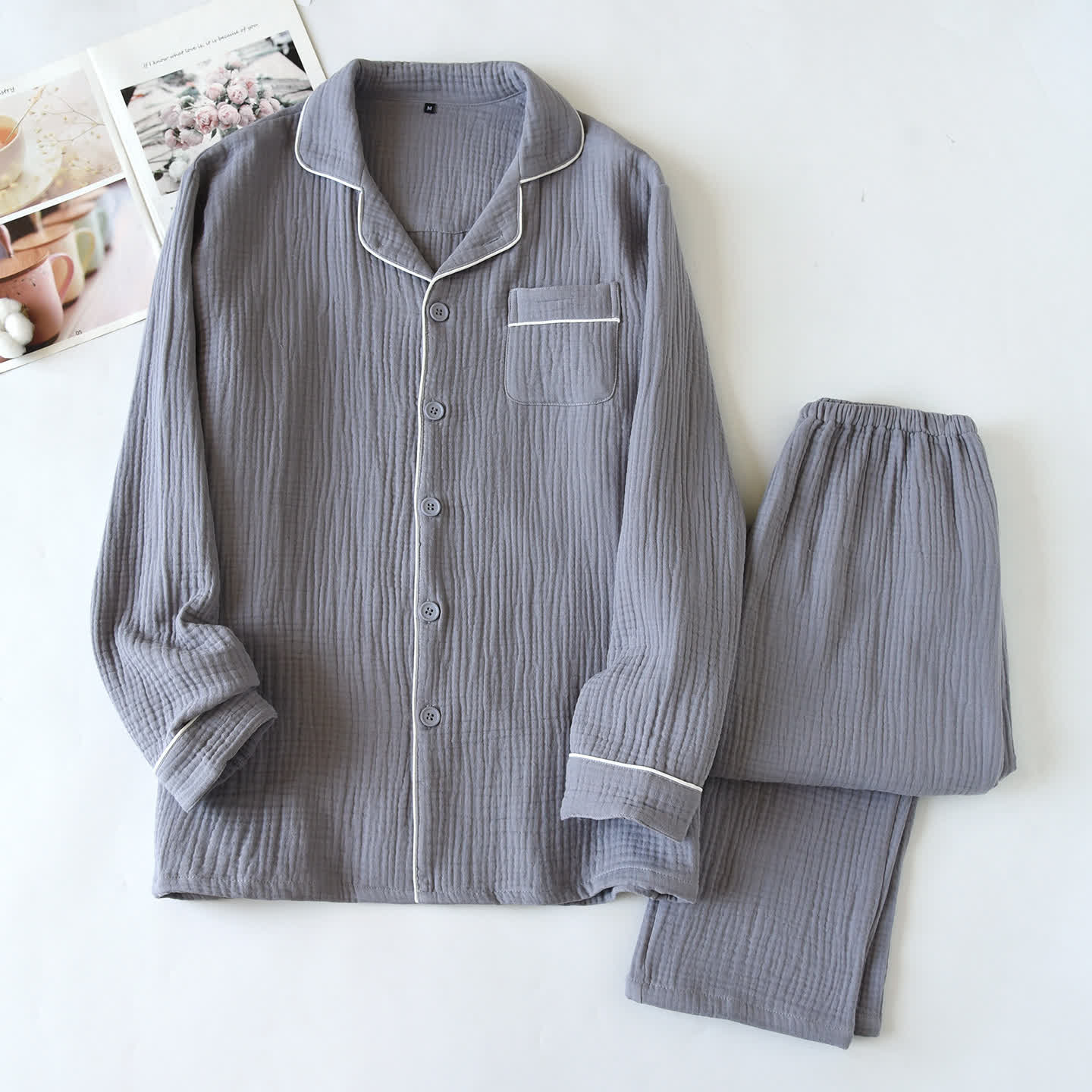 Cotton Gauze Contrast Trim Loungewear Set