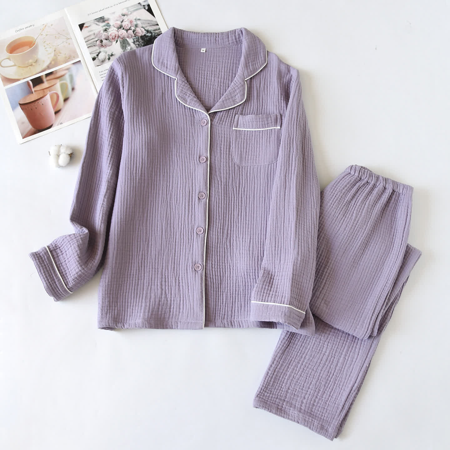 Cotton Gauze Contrast Trim Loungewear Set