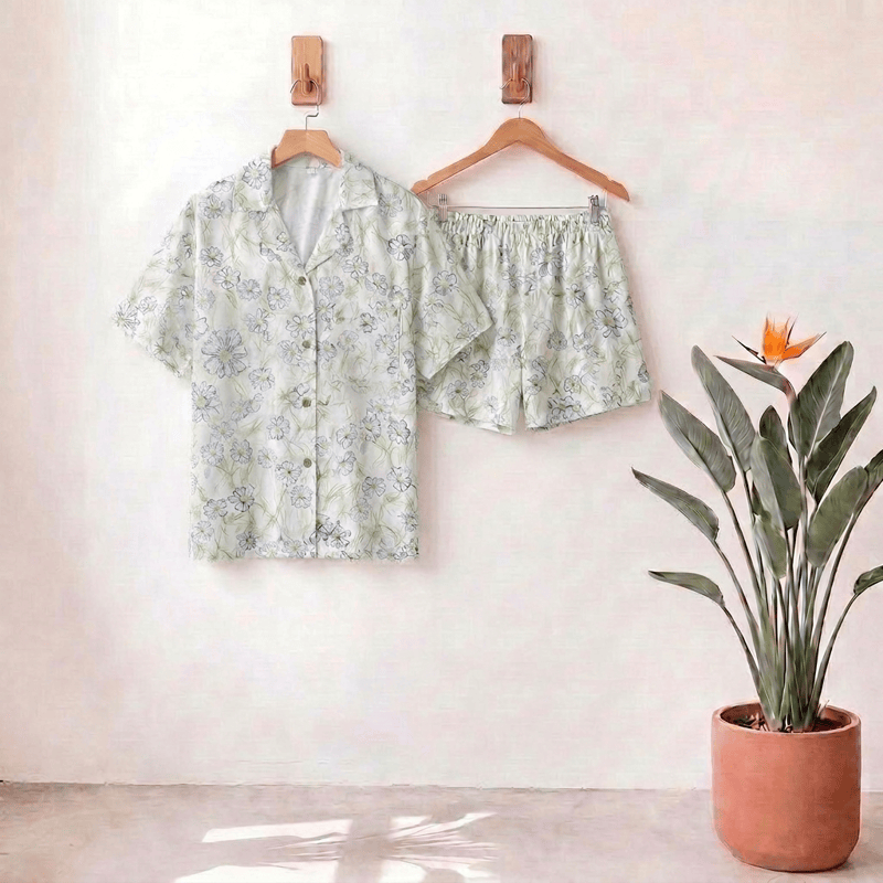 Mint Floral Satin Button Up Shorts Loungewear Set