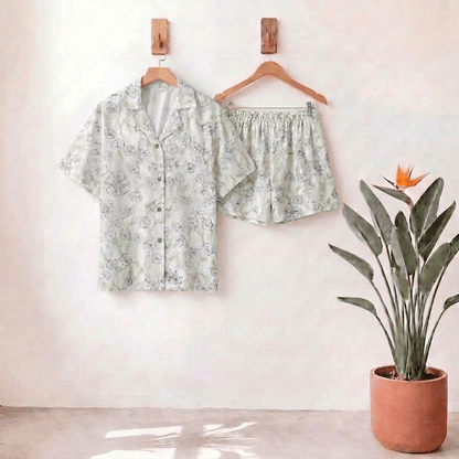 Mint Floral Satin Button Up Shorts Loungewear Set