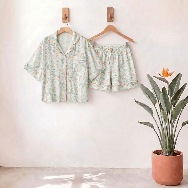 French Floral Satin Short Pajama Set for Summer Nights