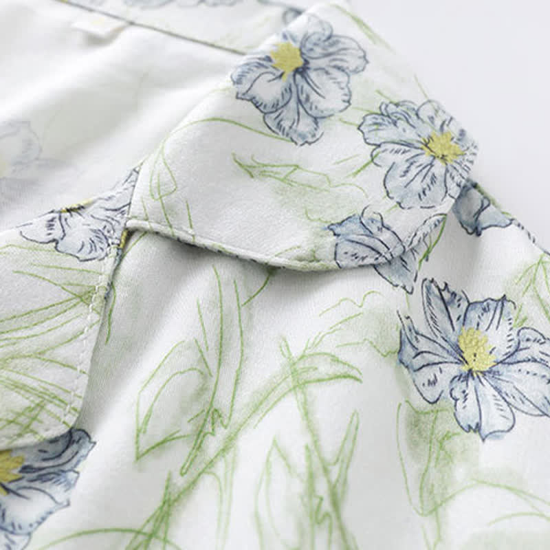 Mint Floral Satin Button Up Shorts Loungewear Set