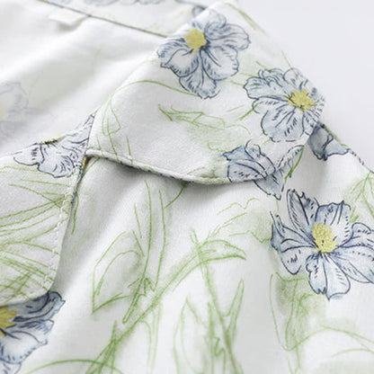 Mint Floral Satin Button Up Shorts Loungewear Set