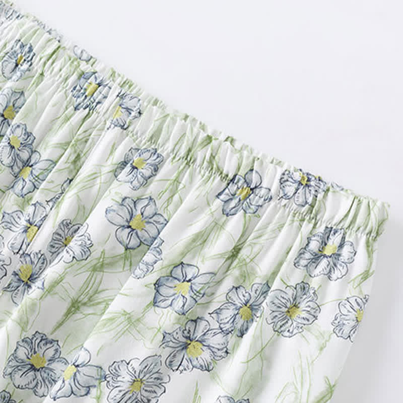 Mint Floral Satin Button Up Shorts Loungewear Set