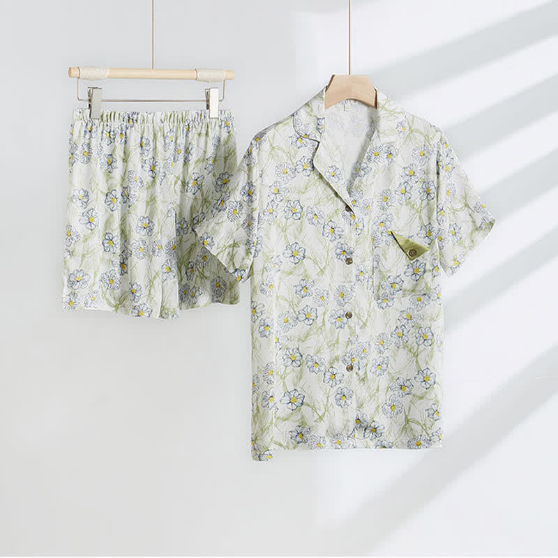 Mint Floral Satin Button Up Shorts Loungewear Set