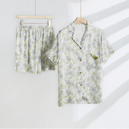 Mint Floral Satin Button Up Shorts Loungewear Set