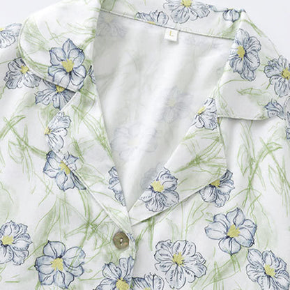 Mint Floral Satin Button Up Shorts Loungewear Set