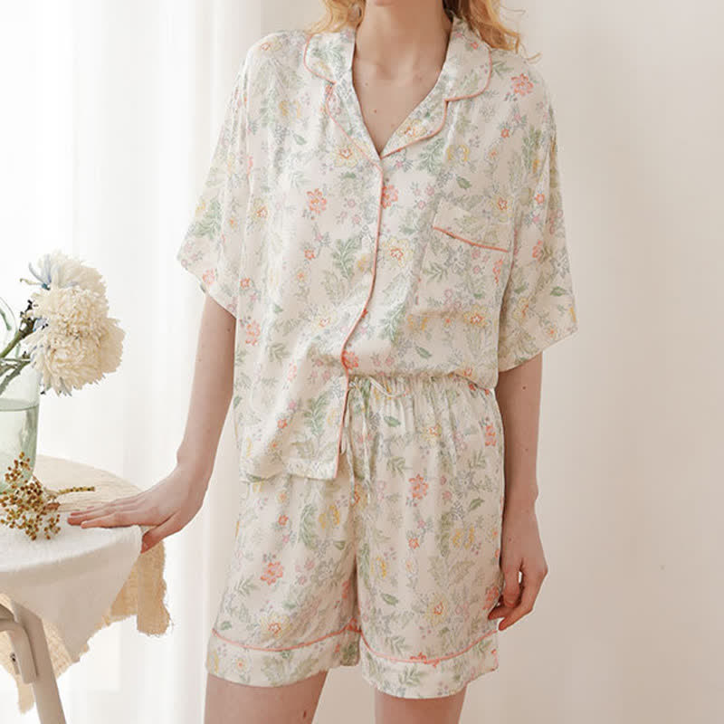 French Floral Satin Short Pajama Set for Summer Nights