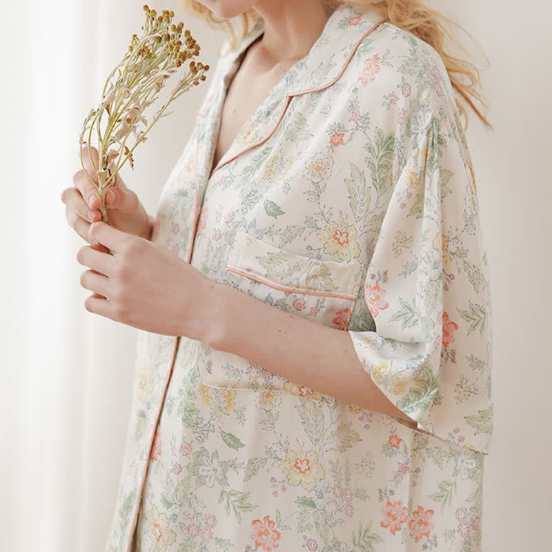 French Floral Satin Short Pajama Set for Summer Nights