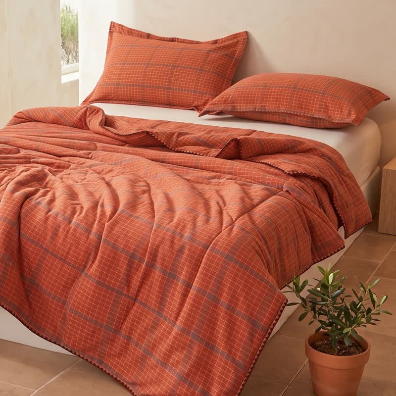 Yarn Dyed Orange Plaid Cotton Summer Quilt