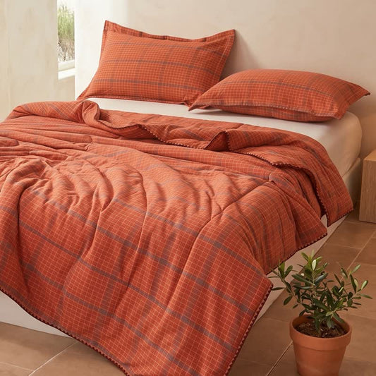 Yarn Dyed Orange Plaid Cotton Summer Quilt