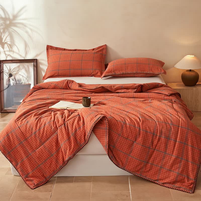 Yarn Dyed Orange Plaid Cotton Summer Quilt