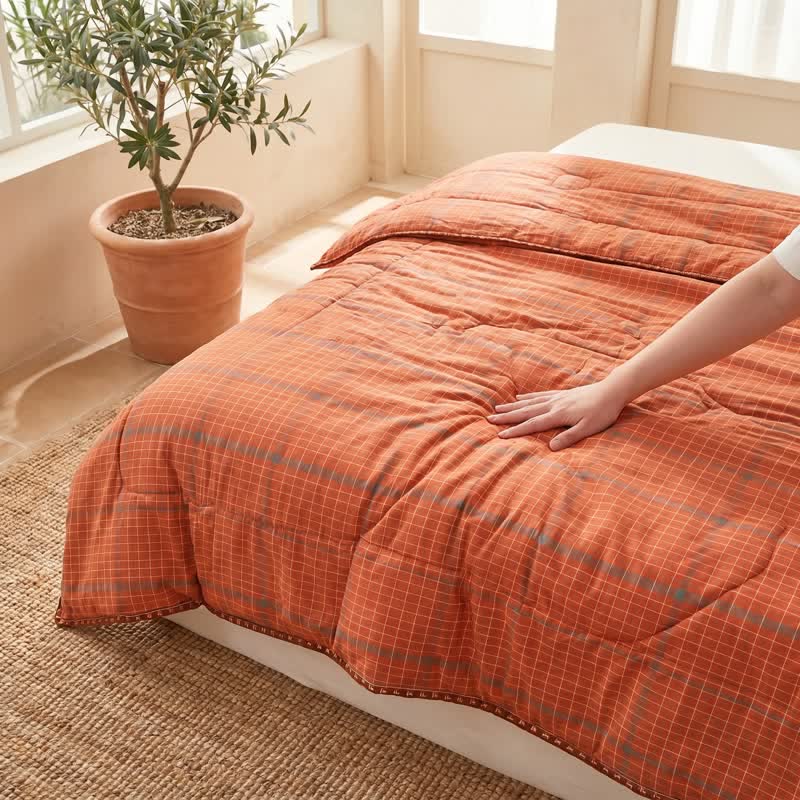 Yarn Dyed Orange Plaid Cotton Summer Quilt