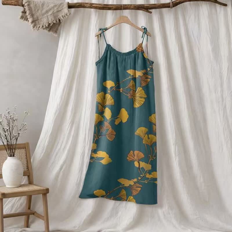 Botanical Leaf Tie Strap Maxi Lounge Dress