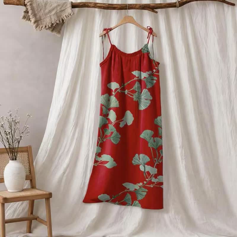 Botanical Leaf Tie Strap Maxi Lounge Dress