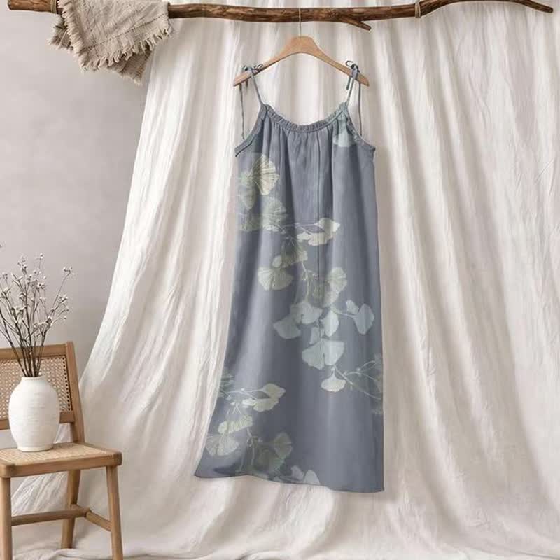 Ginkgo Leaf Tie Strap Cotton Lounge Midi Dress