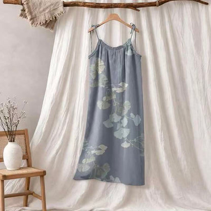 Ginkgo Leaf Tie Strap Cotton Lounge Midi Dress