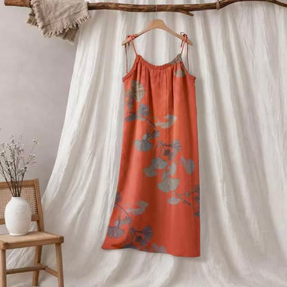 Ginkgo Leaf Tie Strap Cotton Lounge Midi Dress