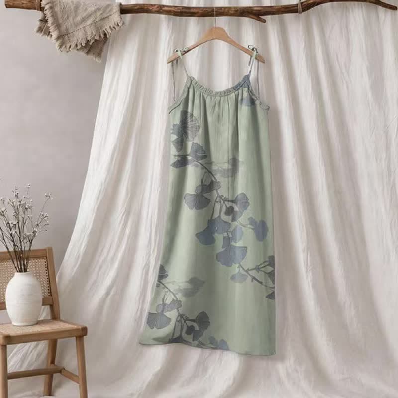 Ginkgo Leaf Tie Strap Cotton Lounge Midi Dress