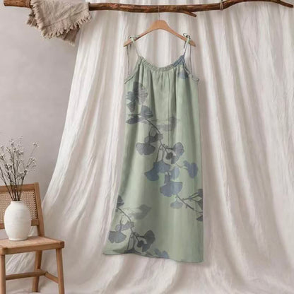 Ginkgo Leaf Tie Strap Cotton Lounge Midi Dress