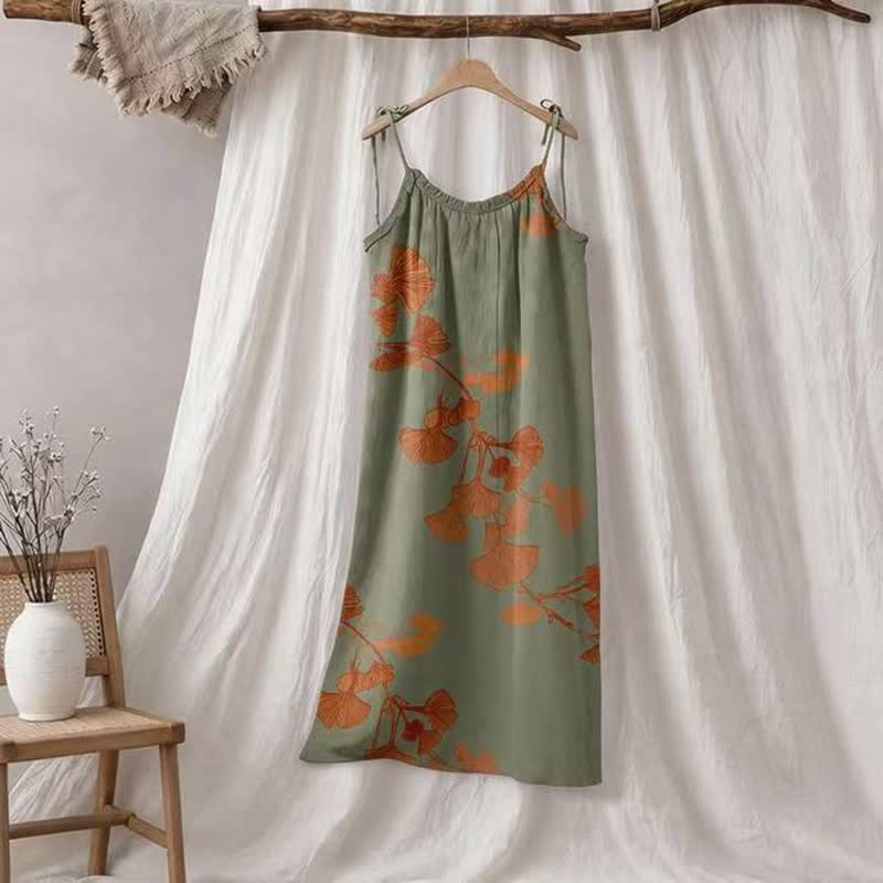 Ginkgo Leaf Tie Strap Cotton Lounge Midi Dress