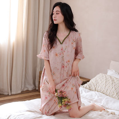 Floral Lyocell V Neck Ruffle Sleeve Lounge Dress