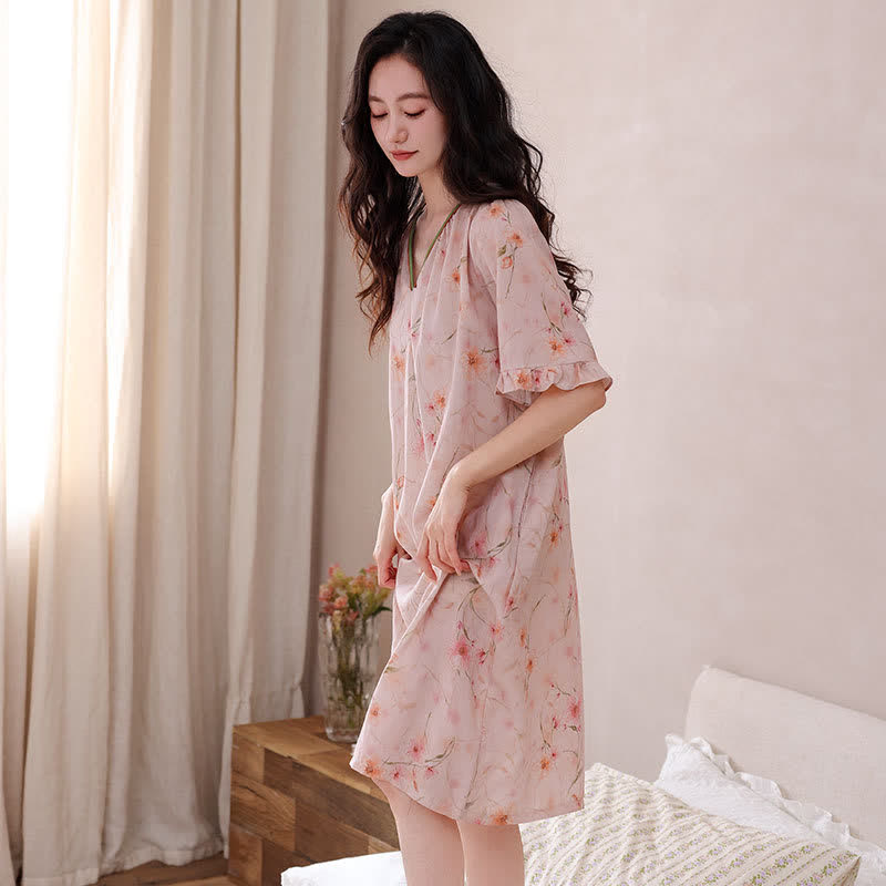 Floral Lyocell V Neck Ruffle Sleeve Lounge Dress